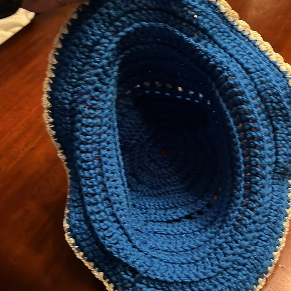 Handmade crochet bucket hat blue with white trim